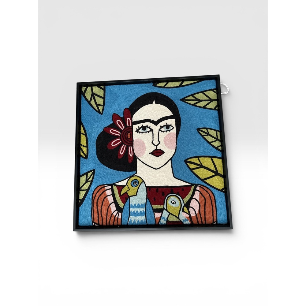 Frida Kahlo Style Embroidered Wall Art Black Frame 18x18 Fiber Art Folk Portrait